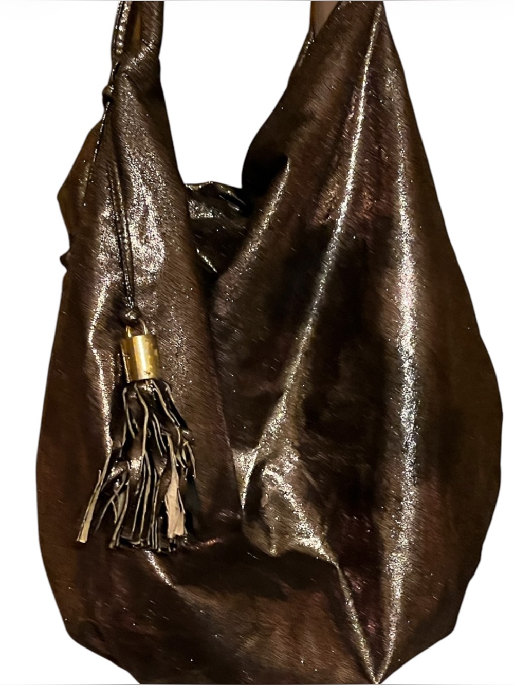 Vintage Metallic Dark Brown Leather Shoulder Bag with Tassel